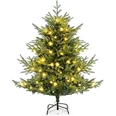 COSTWAY 135 cm Artificial Christmas Tree with Lighting Christmas Tree with 160 Warm White LED Lights and 8 Light Modes Christmas Tree with Hinged Structure Artificial Christmas Tree for Home Green