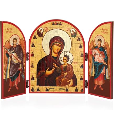 Icône en Bois Fait Main, Chrétienne orthodoxe Grecque, Representant Jésus Christ et la Vierge Marie / MP2