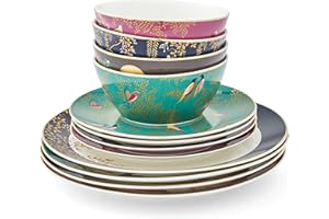 Sara Miller SMC79243-XD London Chelsea Collection 12 Piece Tableware Set, Porcelain, Gold,white
