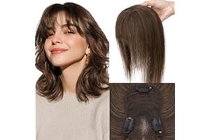 Elailite 25cm Protesis Capilares Mujer Pelo Natural Clip 27g Marrón Hígado Flequillo Fino Cabello Humano Hair Topper Silk Basse 8cm*11.5cm #2A