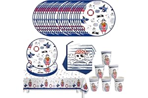 YHJXLY Piraten Partygeschirr Set, Piratenschiff Party Pappteller mit Tischdecke Pappteller Becher Servietten,Kindergeburtstag Deko Pappteller Set für Babydusche Geburtstagsparty(16 Gäste)