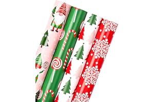 RUSPEPA Navidad Rollo De Papel De Regalo - Colección Navideña De Duendes Gnomos Rojos, Verdes Y Rosas - 4 Rollos - 76 cm X 305 cm Por Rollo