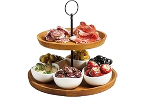 ARTESA Artesà 2-poziomowy stojak na przekąski i jedzenie, ekspozycja żywności z 6 mini porcelanowymi miseczkami, drewniany i ręcznie wykończony stojak na ciasto, w pudełku prezentowym, 24 x 25 cm, brązowy i