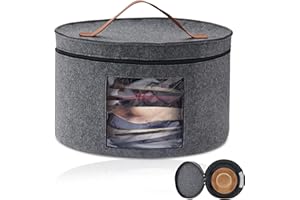 XMDROU Hat Boxes with Lids, 43 x 25.5 cm Round Hat Storage Box, Large Felt Hats Box, Foldable Travel Hats Boxes Storage Bin Bag Case Organizer with Transparent Window and Handle Zip for Clothes, Toys (Black)