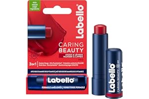 NIVEA LABELLO Caring Beauty Rouge FPS 30 (1 x 5,5 ml), Stick à lèvres au beurre de karité et huile d’amande, Baume à lèvres à la couleur rouge vibrante pour 24 H d’hydratation