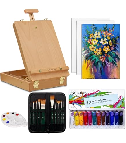 Shuttle Art Acrylschilderijset 59-delig,met houten tafelstaffelei,30 kleuren Acrylverflessen,Leinwand,Pinsel,Palet,voor kinderen,volwassenen, kunstenaars