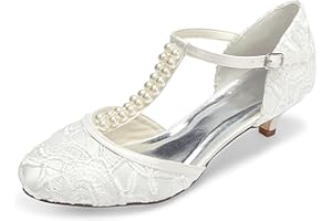 JIAJIA 01129 Chaussures de Mariée pour Femme Bout Fermé T-Strap Bas Talon Dentelle Satin Pompes Imitation Chaussures de Mariage