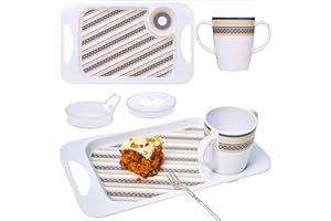 Rosa Lifestyle White Two Handled Melamine Mug, Lids & Serving Tray Set (400ml/14oz) Mug Capacity Tray (33.8cmx20.6cm) Lightweight Mobility Aid for Elderly Gift Set (White)