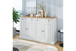 Kehun Sideboard Weiss für Wohnzimmer und Esszimmer, Kommode Schrank Buffetschrank 150 x 86 x 40 cm mit 4 Türen und 2 Stauraum Schubladen, Antikweiß, Naturholz
