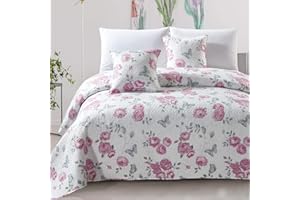 Euromat Pikowana narzuta na łóżko, pikowana, z 2 poszewkami na poduszkę 40 x 40 cm (różowa, szara, biała, kwiaty, Calmia, 180 x 220 cm)
