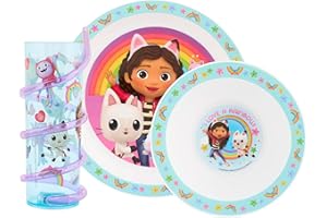 DreamWorks Gabby's Dollhouse 3pc Tableware Set – Includes Plate, Bowl, and Twisty Straw Tumbler Featuring Gabby, Pandy Paws, Cakey Cat, Mercat & Kitty Fairy - 48 Months Up