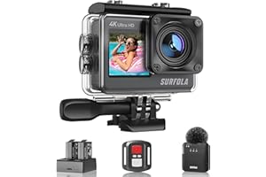 Surfola Caméra Sport SF530 Étanche 4K 60FPS, WiFi Appareil Photo avec EIS, Microphone sans Fil, Double Écran, Ensemble de 2 Piles et de Chargeurs, d'action pour Vélo Moto Plongée