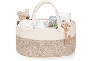 Kodomoore Nappy Caddy – Cotton Rope Baby Storage Basket for Newborn Essentials – Portable Organiser for Changing Table, Nursery or Car – Gift Basket for Baby Shower – White and Beige Brown