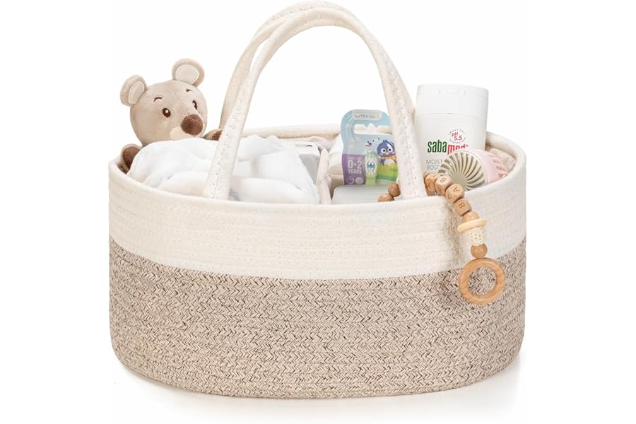 Kodomoore Nappy Caddy – Cotton Rope Baby Storage Basket for Newborn Essentials – Portable Organiser for Changing Table, Nursery or Car – Gift Basket for Baby Shower – White and Beige Brown