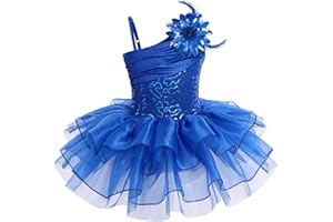 IWEMEK Enfant Filles Robe Ballet Danse Classique Justaucorps Paillettes sans Manches Spaghetti Sangle Tutu Tulle une Pièce + Broche Fleur Plume Costume Gymnastique Patinage Ballerine 3-10 Ans