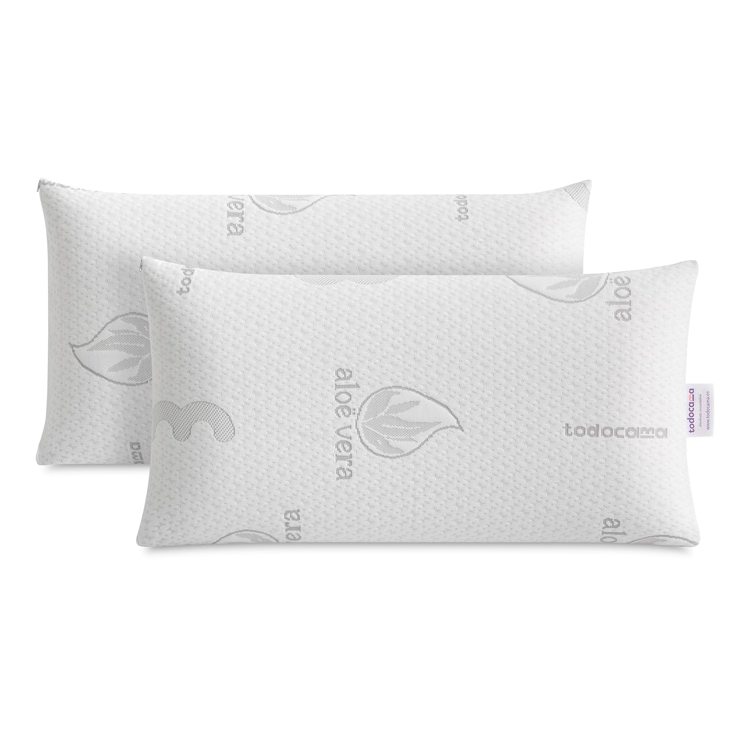 Todocama Almohada Viscoelástica Aloe Vera (Pack 2 Unidades 70 cm), Núcleo Compacto Viscoelástico para Cervicales y Cuello, Firmeza Media-Alta, Doble Funda con Cremallera.