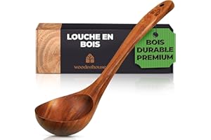 WOODENHOUSE Louche en Bois de Teck Naturel - 31.5cm avec Crochet Pratique sur le Manche pour Rester sur la Casserole, Louche Bec Verseur, Cuillère en bois de cuisine antiadhésive et durable