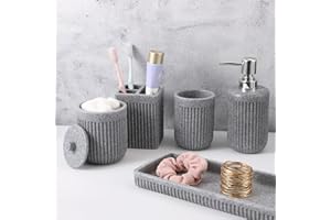 XLHOMO Resin Grey Bathroom Accessories Set 5 Pcs, Lotion Soap Dispenser Toothbrush Holder Bathroom Tumbler Cotton Swab Jar and Multifunctional Tray, Bathroom Organizer Accessory for Modern Home Decor