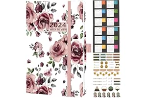Dzhzal Diary 2024 Week to View A5 5.7''x8.3'' January 2024 - December 2024 with Stickers, Productivity Appointment Diary Planner with Pen Holder, Elastic Closure and Storage Pocket