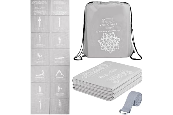 Vikbar yogamatta för kvinnor, halkfri träningsmatta för hemmagym, resa yoga set med stretchrem för yoga pilates och fitness, 173 x 61 cm x 5 mm tjock