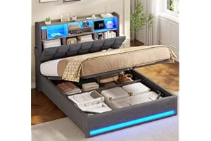‎AOGLLATI Polsterbett 140×200cm Hydraulisches Stauraumbett mit LED-Bleuchtung Jugendbett mit USB- und Type-C-Anschlüsse Doppelbett Bettgestell mit Holzlatten, Leinenstoff, ohne Matratze (Dunkelgrau, 140x200cm)