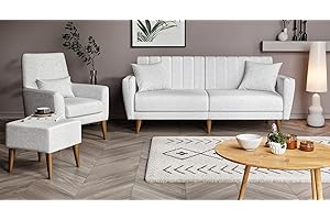 ‎GOZOS Gozos Mammo Sitzgruppe 3 Sitzer Sofa + Sessel + Ottoman | Hochwertige Set besteht aus Leinenstoff | Wohnzimmermöbel Dekorative Sitzgruppe mit Holzbein Schlafsofa, Relaxsessel und Pouf | Creme