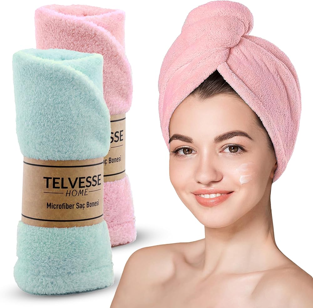 TELVESSE Mikrofiber Saç Havlusu Süper Emici Hızlı Kuruyan Türban Saç Havlusu Şapkası – Uzun Kıvırcık Kalın Saçlar İçin Duş Saç Kurutma Havlusu, Plaj Havuz Banyo Kullanım (2li Pembe + Turkuaz)