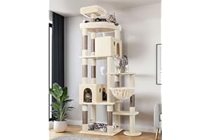 Globlazer Kratzbaum Beige Groß XXL hoch 213 cm mit 2 Große Katzenhaus, Plattform, Sitzstangen, Korb, 9 Sisal Kratzsäulen, Luxus Katzenbaum Stabil über 2 Meter für Mehrere Große Katzen (F83, Beige)