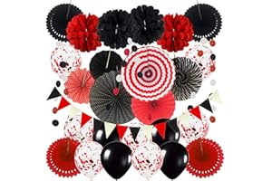 ZERODECO Party Dekoration Papier Pompoms, Schwarz und Rot Aufhängen Fächer Dreieckige Wimpel und hängende Glitter Punkt Papier Girlande Dekorpapier