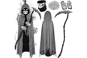 TANKERMO Sensenmann Kostüm Set - Gruselige Halloween Umhang mit Sense & Maske & Kette & Handschuhe,Horror Kostüm Sensenmann Umhang mit Kapuze Halloween Grim Reaper Costume Tod Death Erwachsene Kinder