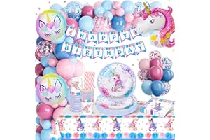 YIMAKJ Einhorn Deko Kindergeburtstag, 131 Pcs Einhorn Geburtstagsdeko Mädchen, Einhorn Partygeschirr Set mit Einhorn Luftballons Pappteller Kindergeburtstag Tassen Servietten Tischdecke für 16 Gäste