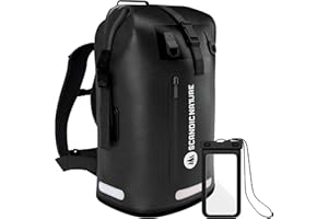 SCANDIC NATURE PIONEER wasserdichter Rucksack mit Rolltop Verschluss 35L 55L schwarz gelb oliv-grün - extra robust dank Boden mit 1000D PVC LKW-Plane, 3 Reflektor-wasserfeste IPX8 Handyhülle