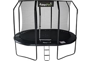 JUMPPRO Jump PRO Xcel Oval Trampoline. Black Powder Coated Steel for Added Rust Protection in 3 sizes. Strong Sturdy Frame Black Padding. High Specification with Safety Ladder for Additional Safety.