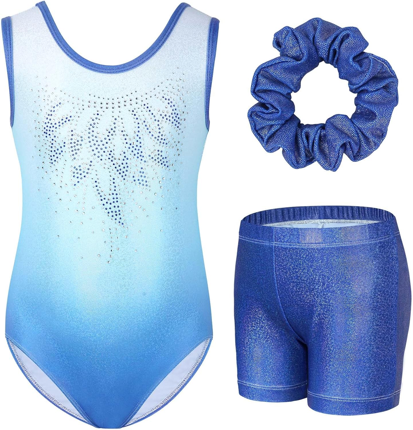Gogokids Conjunto de gimnasia de tres piezas para niña, cuello en Y, sin mangas, con pantalones cortos y diadema, traje de gimnasia con diseño de bloques de color azul y morado, 3-12 años