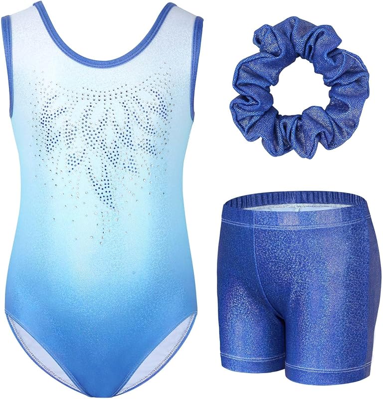 Gogokids Conjunto de gimnasia de tres piezas para niña, cuello en Y, sin mangas, con pantalones cortos y diadema, traje de gimnasia con diseño de bloques de color azul y morado, 3-12 años