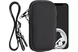 kwmobile Handytasche für Smartphones M - 5,5" - Neopren Handy Hülle Schwarz mit Kordel - Handy Tasche mit Handykette 15,2 x 8,3 cm Innenmaße
