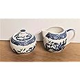 AuraHome Blue Willow 7oz 200ml Cream/Milk Jug & Sugar Bowl with Lid Wide Glazed Iconic Elegant Blue-Printed Scene on White Porcelain Depicts Nature & Historical Imagery Collectible