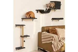 FUKUMARU Półki ścienne dla kotów, stabilne i bezpieczne, 4 w 1, duży zestaw mebli dla kotów, drewniane, wspinaczkowe, z drapakiem, na karton-gips, szare