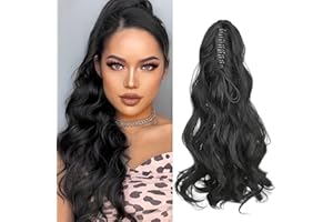 Cybelleza Coleta Postiza con Pinza 45cm Extensiones de Clip de Pelo Natural Cola de Caballo Extensiones de Cabello Rizadas Sintético Ondulado Claw Ponytail Largo, Negro