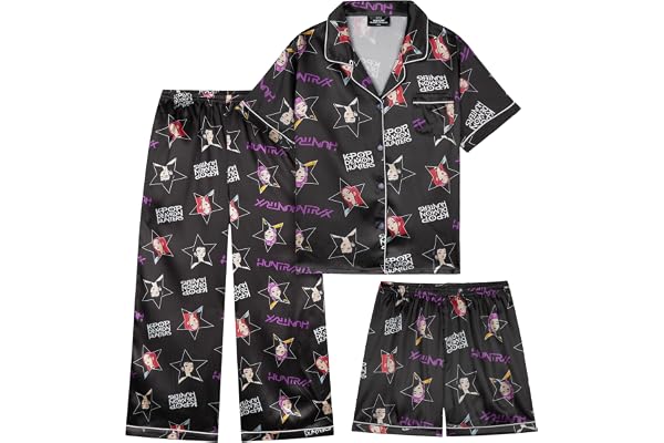 Get Trend KPOP Demon Hunters Huntrix Pyjamas för flickor, 3-delat set med knappar, shorts och pyjamasbyxor, present till flickor