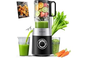 EUHOMY Estrattore Frutta e Verdura, 220W Centrifuga Frutta e Verdura con Bocca 135mm, Capacità 1,8L con 2 Bicchieri, Triplo Filtro, Facile da Pulire, per Frutta e Verdura Intera - Nero