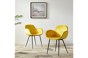 LeChamp Set of 2 Modern Dining Chair Velvet Accent Living Room Chair with Metal Legs Upholstered Armchair for Kitchen Bedroom Club Guest Reception Chairs Leisure Chair Yellow…