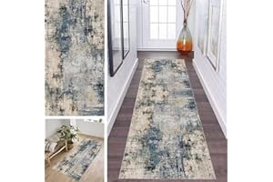 ZDYHMrj Chodnik Do Korytarza, Kuchni, Zmywalny, Antypoślizgowy, 50 x 180 cm, Abstrakcyjny Geometryczny Wzór, Szary i Niebieski, Długi Dywan, Trwały Do Salonu, Sypialni
