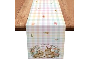 XINVERY Buffalo Plaid Easter Table Runner,Bunny Rabbit Table Runner Pink Green Easter Table Linens Easter Table Decoration for Home Party Decor Indoor Outdoor 13x72 Inch
