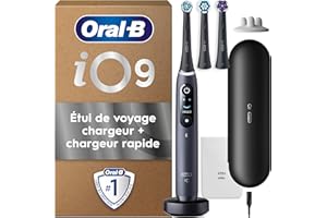 Oral-B Brosse A Dents Electrique iO 9 Noire, 7 Modes De Brossage Dont Blancheur Et Soin Des Gencives, 16 Zones De Nettoyage, Ecran Interactif, 3 Brossettes Oral B De Rechange, Etui De Voyage, Carton