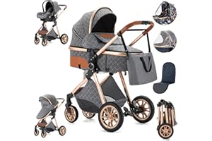 Zkiprm Poussette 3 en 1, Poussette de Ville Avec Siège D'auto, Poussettes et Landaus, Poussette Compacte Portative de Canne, Pliage D'un Clic, Combinaison de Poussette Paysage Cadre en Aluminium élevé