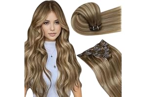 ‎LAAVOO LaaVoo Clip in Extensions Echthaar Ombre Braun Blond Echthaar Extensions Clip Hellbraun Balayage Goldene Blondine 105g Doppelt Tressen Echthaar Clip in Extensions Glatt #8/16/8 40cm 7pcs
