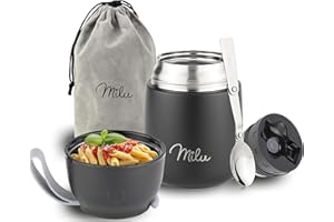Milu Termo para Comida 450 ml Taza Aislada, Botella de Acero Inoxidable Aislada Alimentos, Beber y sopa de los niños de adultos Térmico (450ml/Negro)