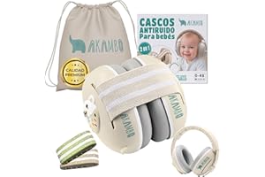 AKAMBO® SUPER PACK de Cascos Bebe Antiruido 3 en 1 | Cascos Antiruido Bebe y Cascos Antiruido Niños | De 0 a 48 Meses | Accesorios Bebe | Cascos ruido niños | cascos para bebes antiruido | Beige.