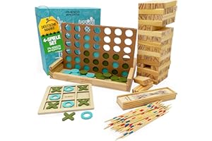 PHIBER-SPORTS 4-in-1 Holz Spielesammlung: Wackelturm, Vier-in-Einer-Reihe, Tic Tac Toe & Mikado Kinder & Erwachsene - Robust, Langlebig & Plastikfrei - Holzturm 4 Spiel